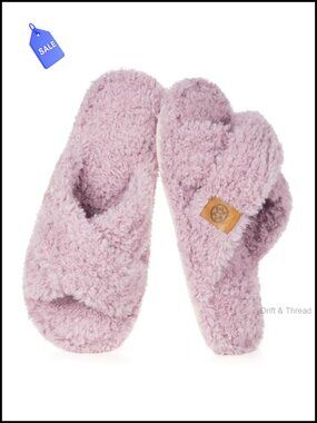 Faux Fur Fuzzy Open Toe Slippers Cross Band Memory Foam Anti Slip